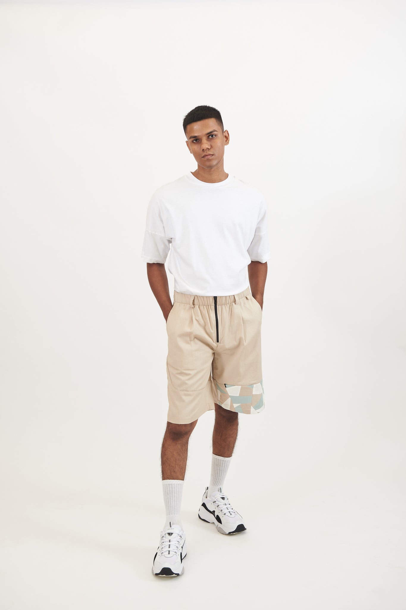 Beige Shorts with Camo Patch