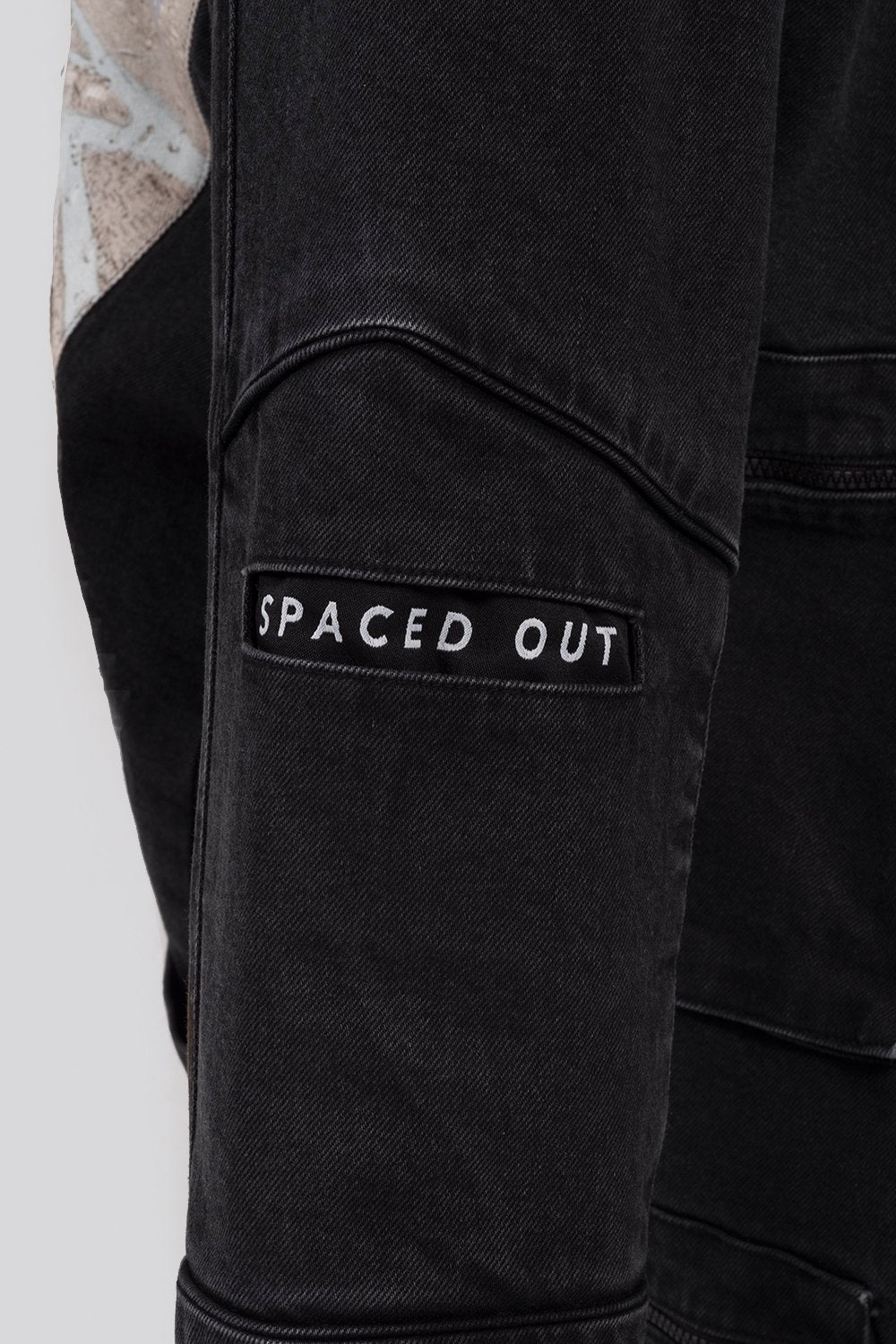 Black Unisex Denim Jacket with multiple functional pockets and art print panel on the back.  Designed in Madras, Made in India  | BISKIT UNISEX CLOTHING LABEL